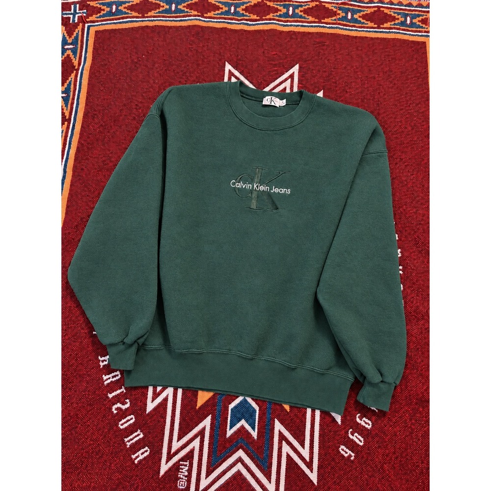 Vintage Calvin Klein Jeans Sweatshirt Mens Large Green Embroidered Logo USA Made